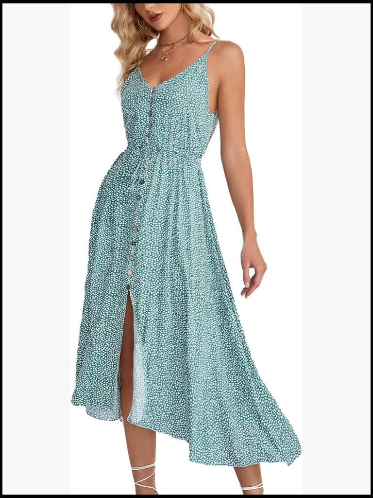Bohemian Polka Dot Spaghetti Strap V Neck Flowy Midi Dress